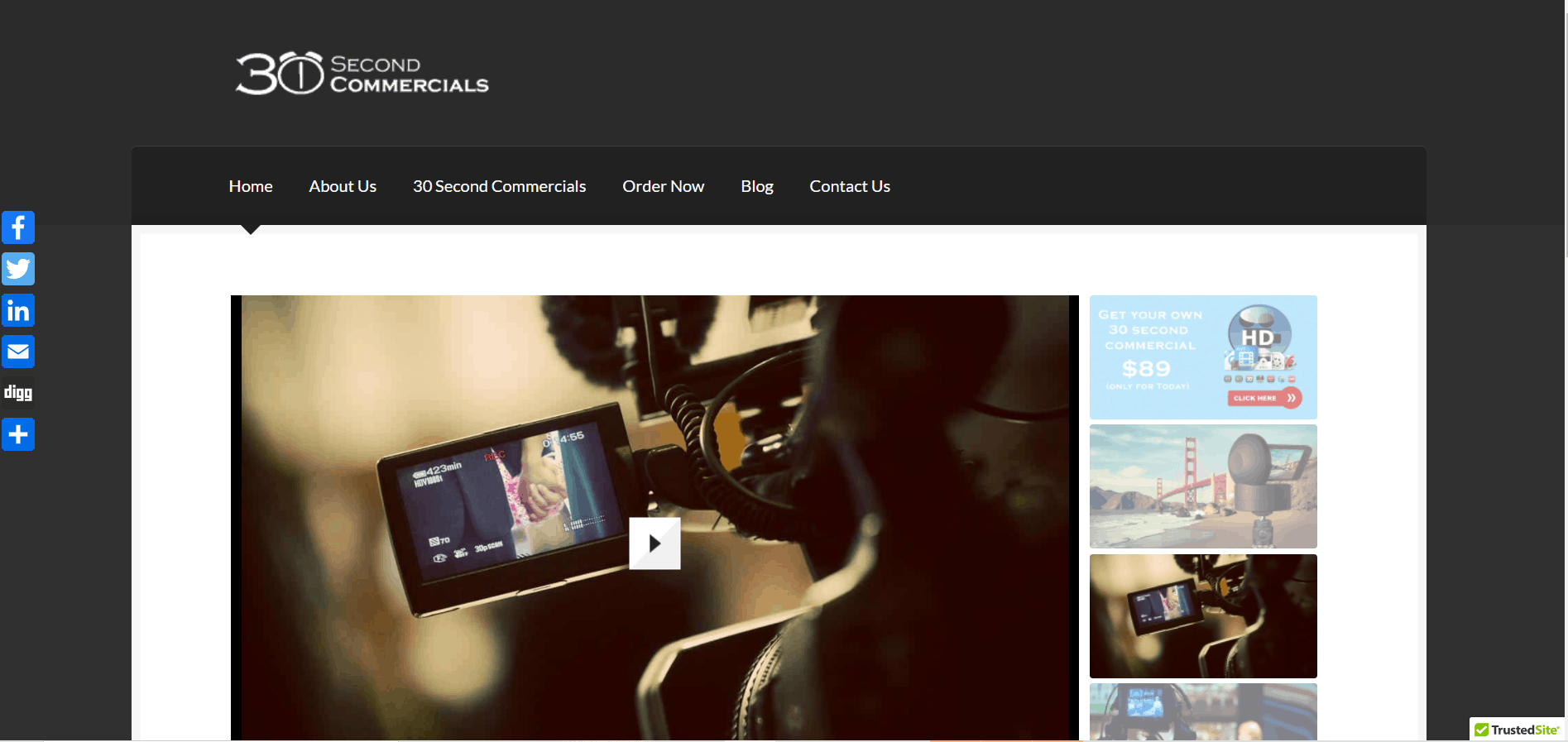Image of 30 Second Commercials home page for OnYourMark 30 Second Commercials blog post