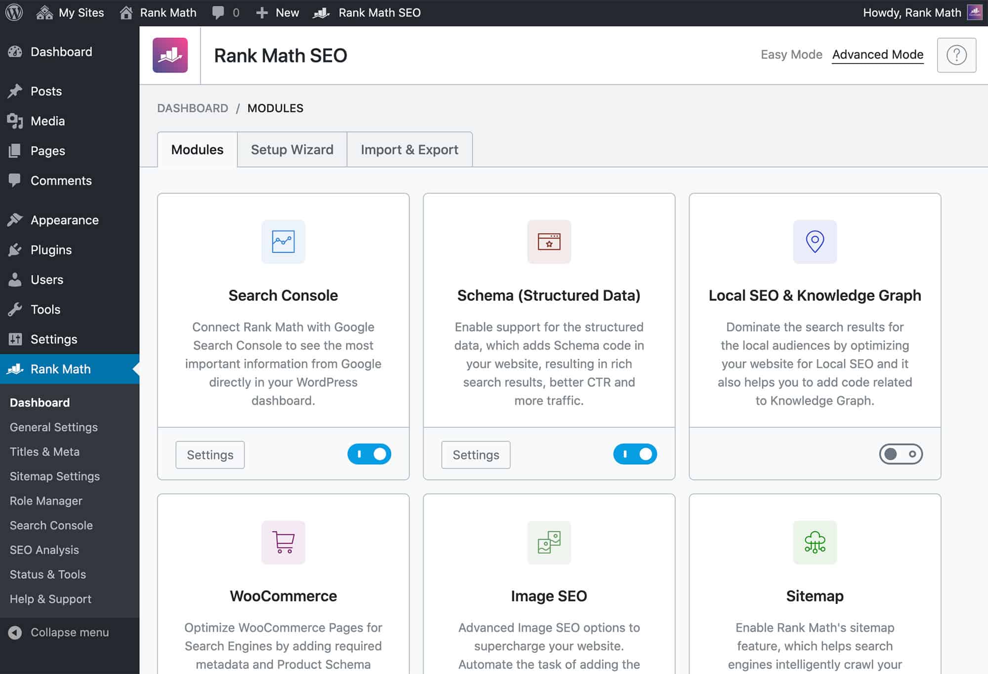 rank math modules page