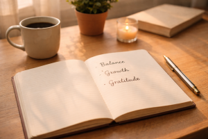 Happy New Year 2026: Embracing Fresh Starts Across Every Corner of Your Life 4 Happy New Year 2026 open notebook with handwritten words balance, growth, and gratitude in soft natural light