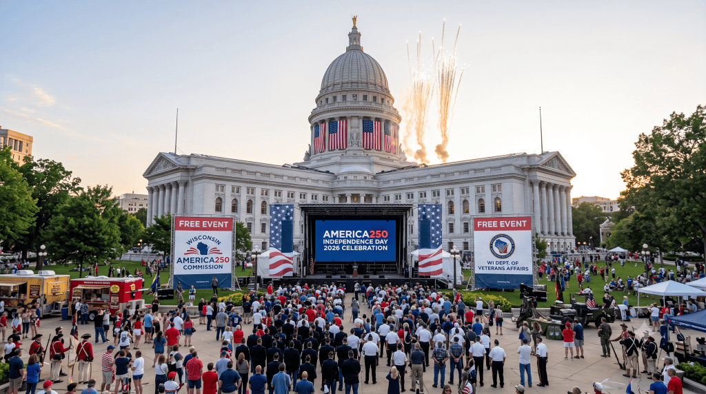 Independence Day 2026: Celebrating What Mattered Most to the Founders on America's 250th Anniversary 2 Independence Day 2026 celebration at the Wisconsin State Capitol in Madison, shown a a photo-realistic rendition of the Wisconsin State Capitol surrounded by citizens celebrating America's 250th Anniversary. Please use this AI Generated image free of charge with attribution.