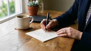 Labor Day 2026: Celebrating the People Who Power Wisconsin Business 1 Business owner writing a handwritten Labor Day 2026 thank-you note to an employee